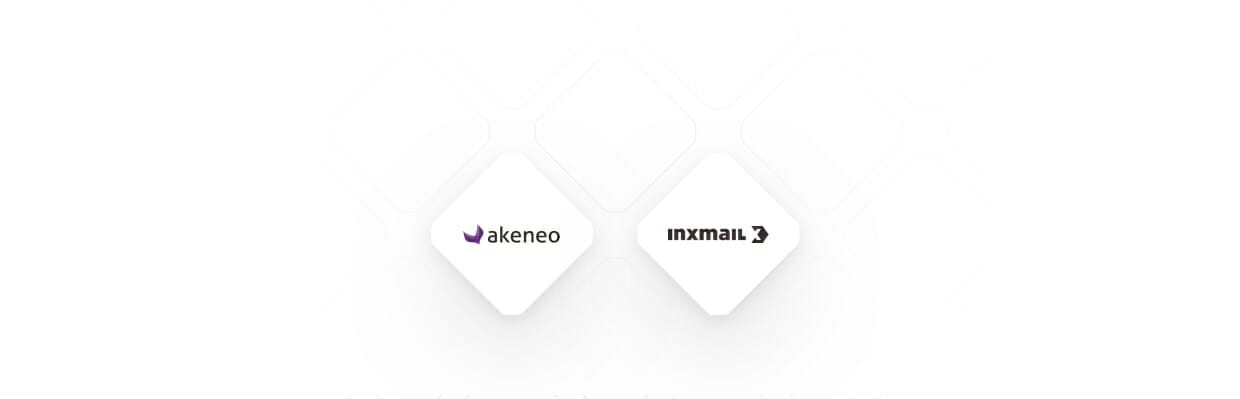 A white background displays two diamond-shaped logos. The left diamond shows the Akeneo logo, while the right diamond features the Inxmail logo. Both shapes have a subtle square pattern in the backdrop.